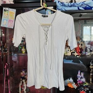 Express Women's Lace-Up Ribbed 3/4 Sleeve Ivory White Top